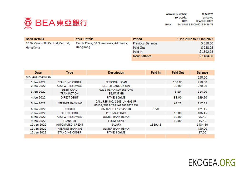 Modèle de relevé bancaire BEA de Hong Kong, format Word et PDF